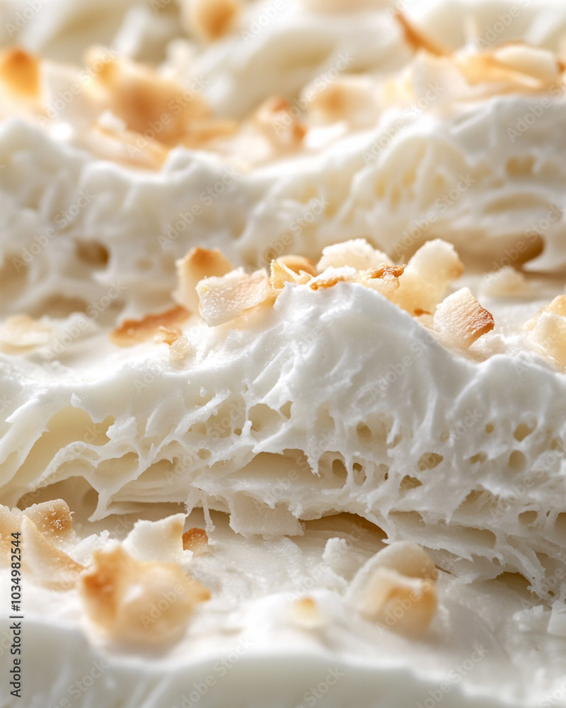 an extreme close-up, parallel horizontal front view, surface of a sliced coconut mousse, filling the entire frame with its intricate layers an extreme close-up, parallel horizontal front view, surface of a sliced coconut mousse, filling the entire frame with its intricate layers
