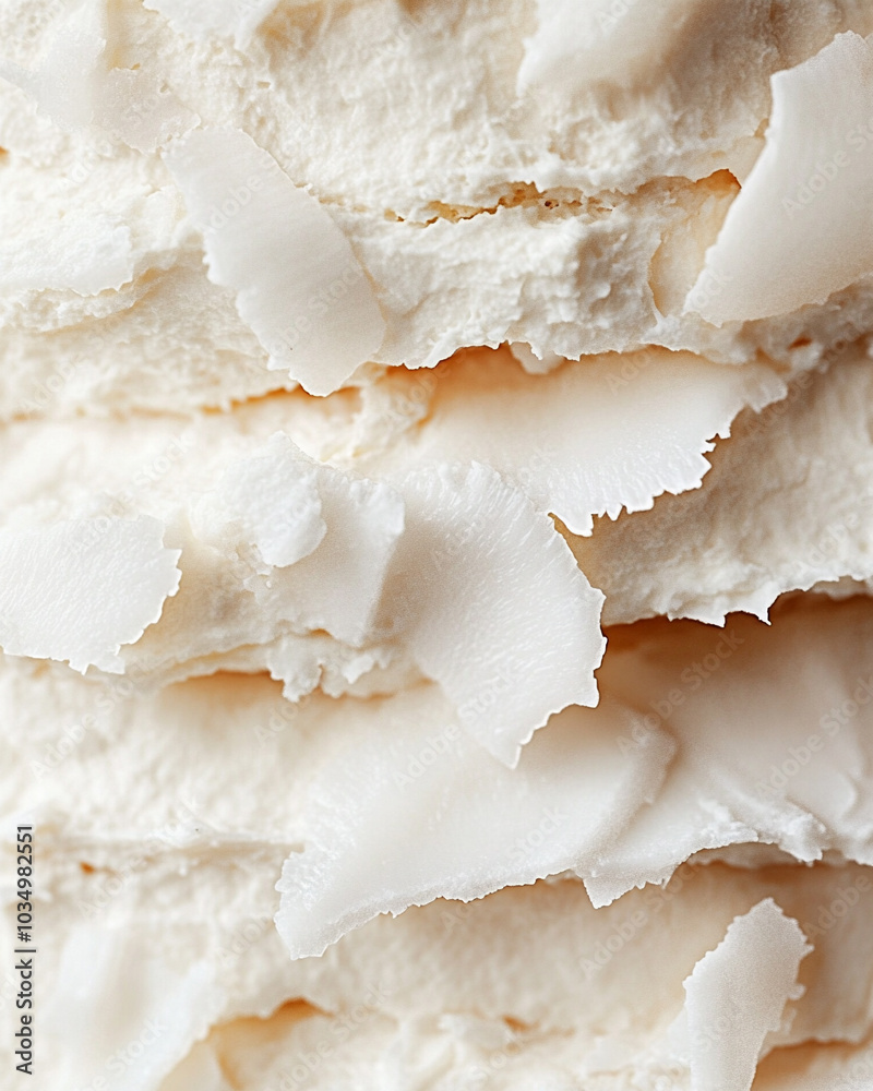 an extreme close-up, parallel horizontal front view, surface of a sliced coconut mousse, filling the entire frame with its intricate layers an extreme close-up, parallel horizontal front view, surface of a sliced coconut mousse, filling the entire frame with its intricate layers