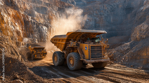 Workers operating heavy machinery in a mining site, fabrication, industrial extraction process