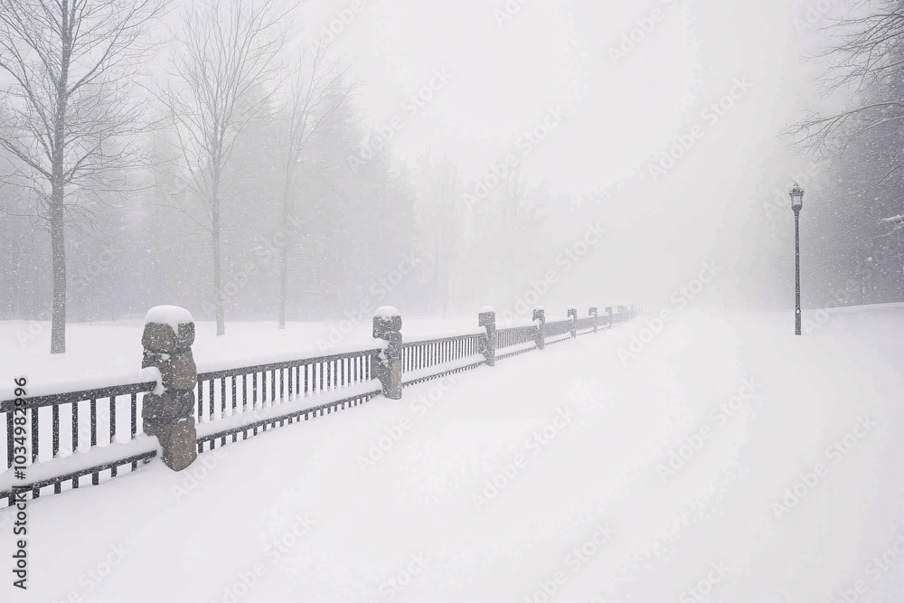 Obraz premium A snow-covered countryside with traditional stone fences, enveloped in soft morning fog, paints a picture of a rustic winter landscape