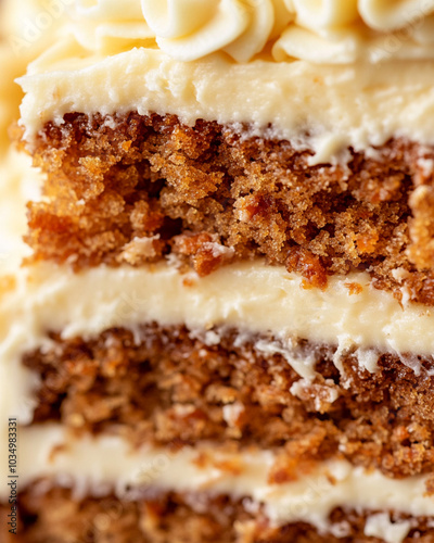an extreme close-up, a sliced carrot cake, filling the entire frame with its intricate three layers