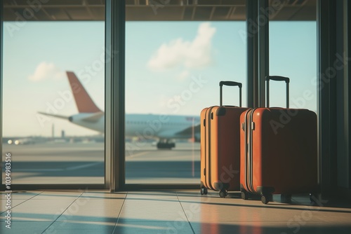 A vibrant illustration of suitcases waiting at an airport terminal, capturing the essence of travel and adventure. Perfect for travel-themed projects. photo