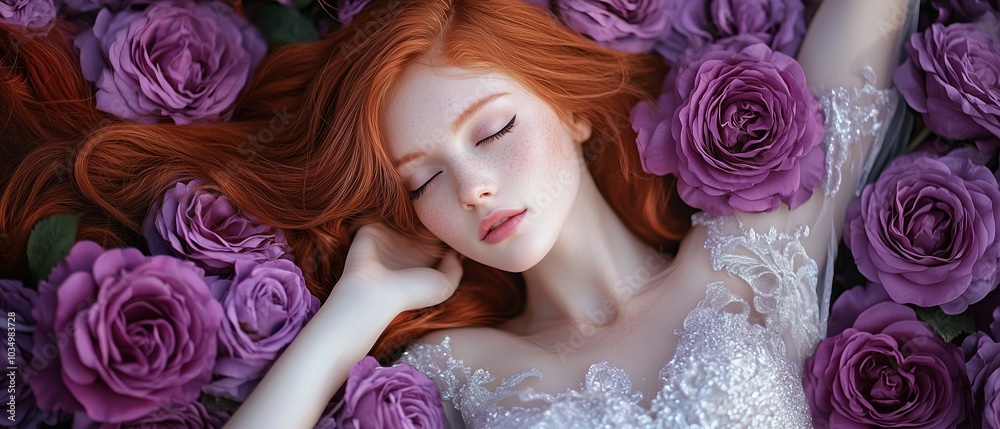 A stunning portrait of a beautiful redhead girl laying among lush purple flowers, exuding serenity and elegance. Perfect for showcasing floral beauty and femininity.