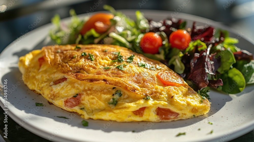 Omelette with fresh vegetables neatly arranged on a modern white plate and ready to serve
