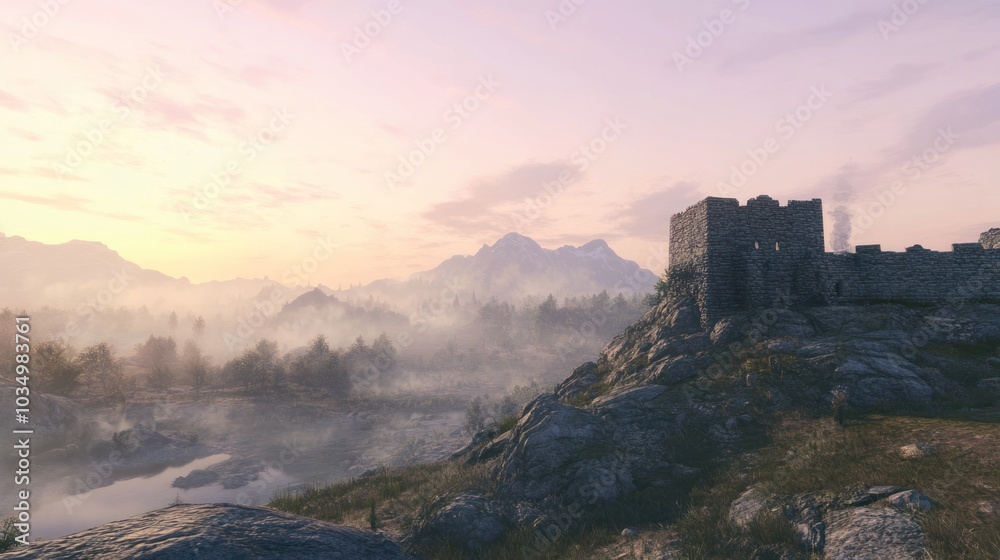 A Stone Fortress Perched on a Hilltop Overlooking a Misty Valley A Stone Fortress Perched on a Hilltop Overlooking a Misty Valley