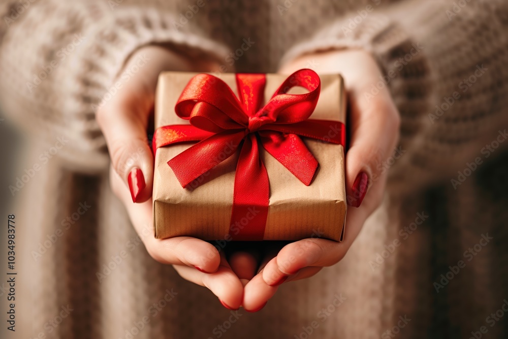 A close-up image of female hands holding a beautifully wrapped gift with a red ribbon, perfect for celebrating Valentine's Day and expressing love and affection. A close-up image of female hands holding a beautifully wrapped gift with a red ribbon, perfect for celebrating Valentine's Day and expressing love and affection.