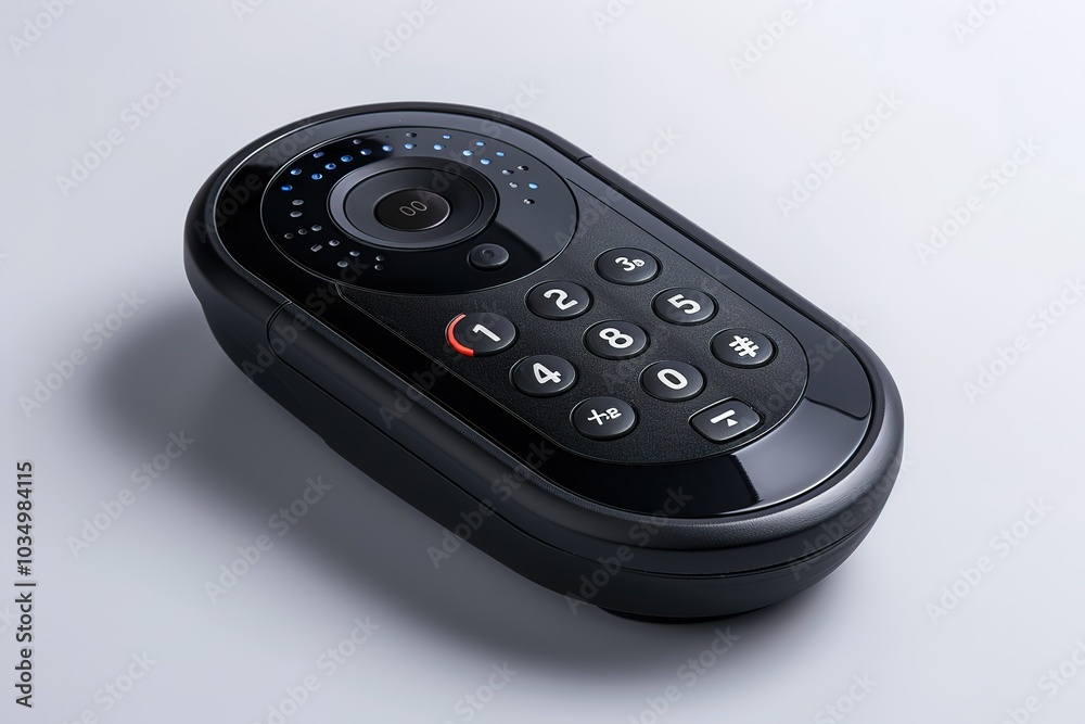 A black security system keypad with a camera and a numeric keypad. A black security system keypad with a camera and a numeric keypad.
