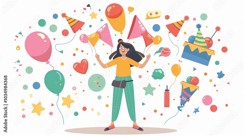 A vibrant party planner organizing events with party icons and symbols surrounding them, representing celebration and festivity. A vibrant party planner organizing events with party icons and symbols surrounding them, representing celebration and festivity.