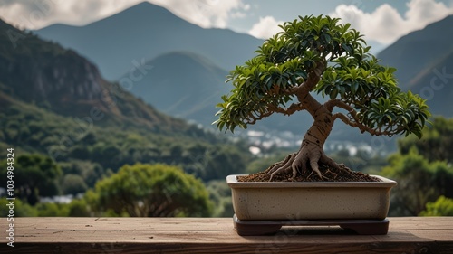 A bonsai tree in a pot on a wooden table with a mountain range in the background.