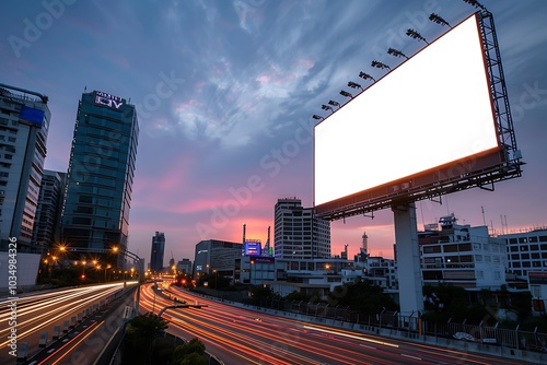 Large Blank Billboard in Times Square Surrounded by Buildings and Taxi Cabs, Blank billboard at subway station, Elevated billboard mockup along a city highway, night time, Blank digital billboard 

