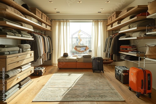 A spacious walk-in closet with wooden shelves, a large rug, and two suitcases.