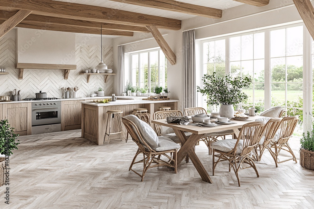 Fototapeta premium Modern Farmhouse Kitchen with Dining Area and Natural Light