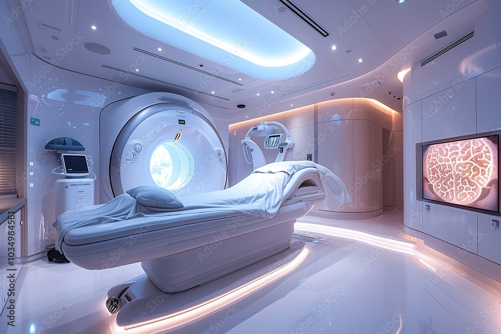A sterile, modern MRI room with a bed in the center and a large, circular scanner in the background. A sterile, modern MRI room with a bed in the center and a large, circular scanner in the background.