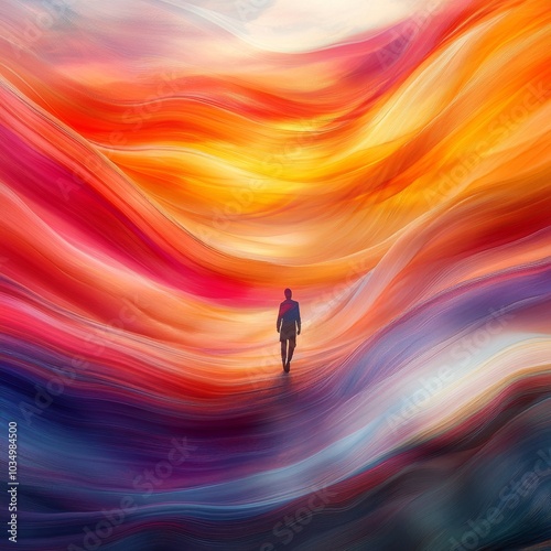 Surreal Landscape with Vibrant Colors and Silhouette of a Person Walking