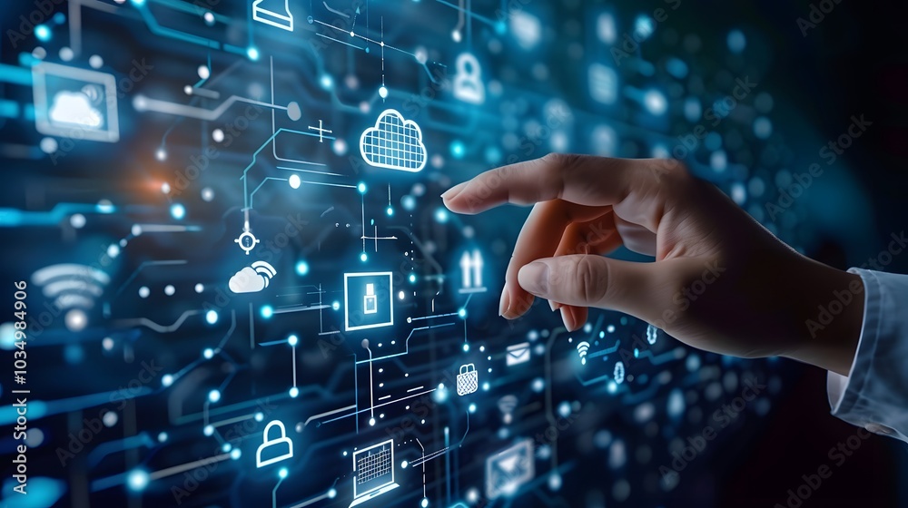 Hand touching a digital screen with icons of technology and online network connection, cloud storage, or security system on a dark blue background Hand touching a digital screen with icons of technology and online network connection, cloud storage, or security system on a dark blue background