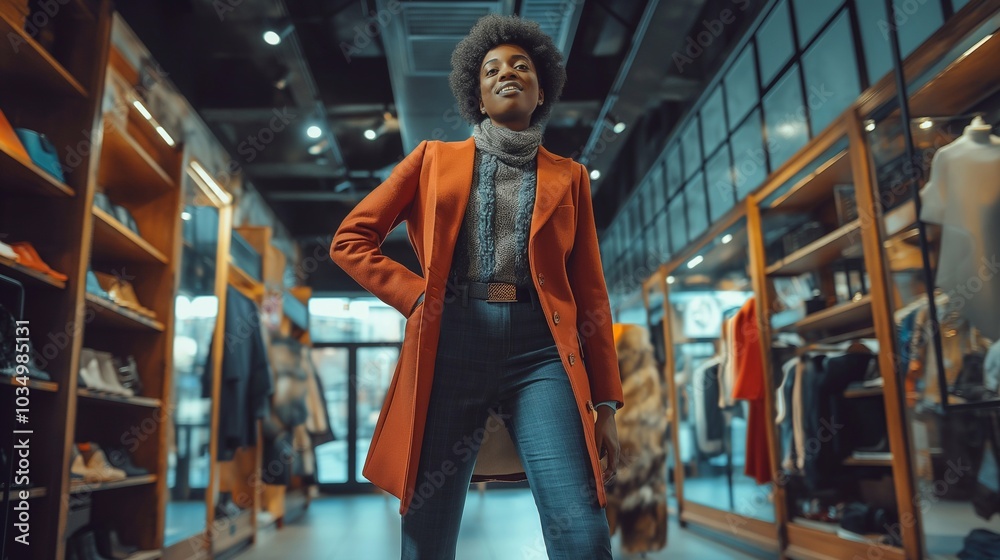 A fashionable smiling woman in warm trendy winter outfit on a background of a clothing store, winter shopping and the festive season of New Year’s. A happy young girl is a customer in a shop A fashionable smiling woman in warm trendy winter outfit on a background of a clothing store, winter shopping and the festive season of New Year’s. A happy young girl is a customer in a shop
