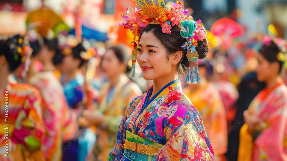 A vibrant group of individuals dressed in traditional Buddhist clothing joyfully celebrating the Mahayana New Year. The colorful attire, cultural heritage and the joyous spirit of the festivities A vibrant group of individuals dressed in traditional Buddhist clothing joyfully celebrating the Mahayana New Year. The colorful attire, cultural heritage and the joyous spirit of the festivities