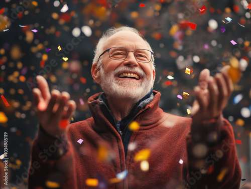 Celebracja - szczęśliwy starszy pan i spadające błyszczące konfetti. photo