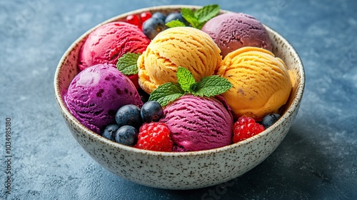 Bowl of colorful vegan ice cream with various fruits ready to be served. Healthy food concept