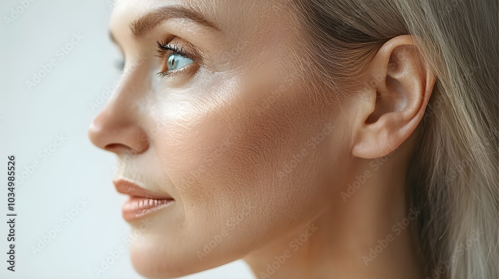 Obraz premium Elderly woman's profile with visible signs of aging, transforming into a youthful, wrinkle-free appearance, showcasing skin rejuvenation