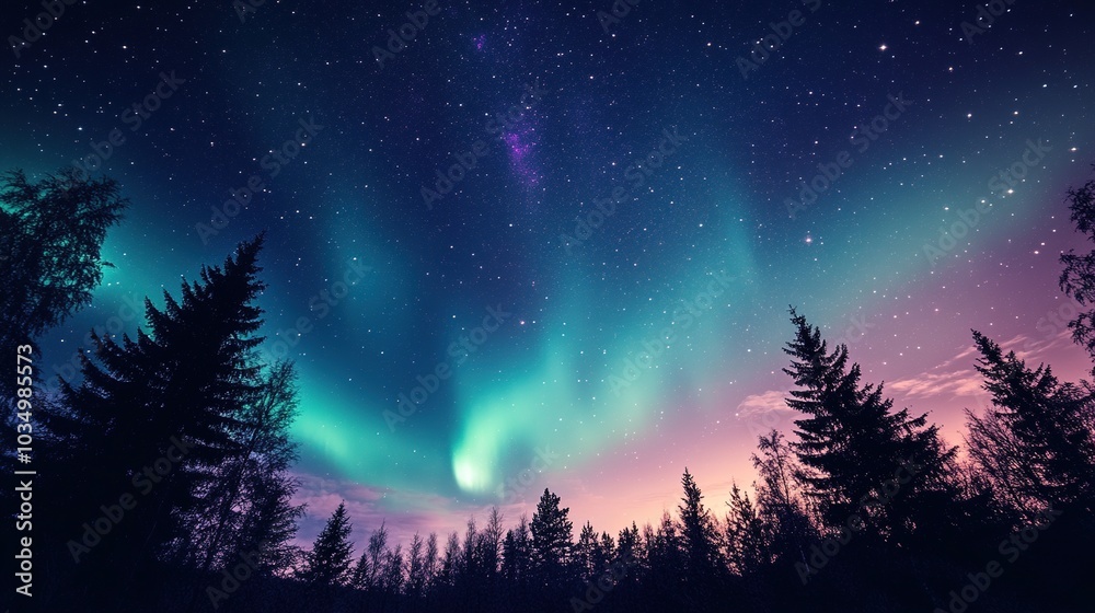 Stunning Aurora Borealis Over Forest Landscape at Night