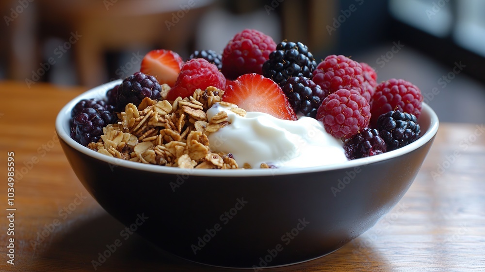 Delicious bowl of yogurt topped with granola and a variety of fresh fruit Delicious bowl of yogurt topped with granola and a variety of fresh fruit