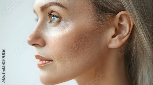 Elderly woman's profile with visible signs of aging, transforming into a youthful, wrinkle-free appearance, showcasing skin rejuvenation photo