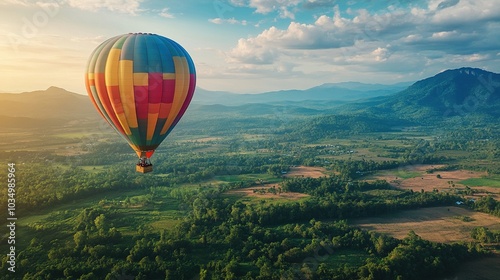 Colorful Hot Air Balloon Over Scenic Landscape