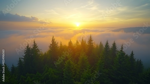 Misty Landscape with Sunrise Over Forested Hills