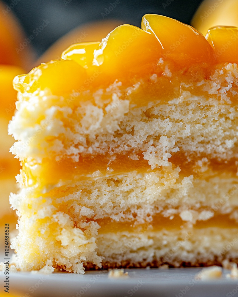 an extreme close-up, a sliced mango coconut cake, filling the entire frame with its intricate three layers an extreme close-up, a sliced mango coconut cake, filling the entire frame with its intricate three layers