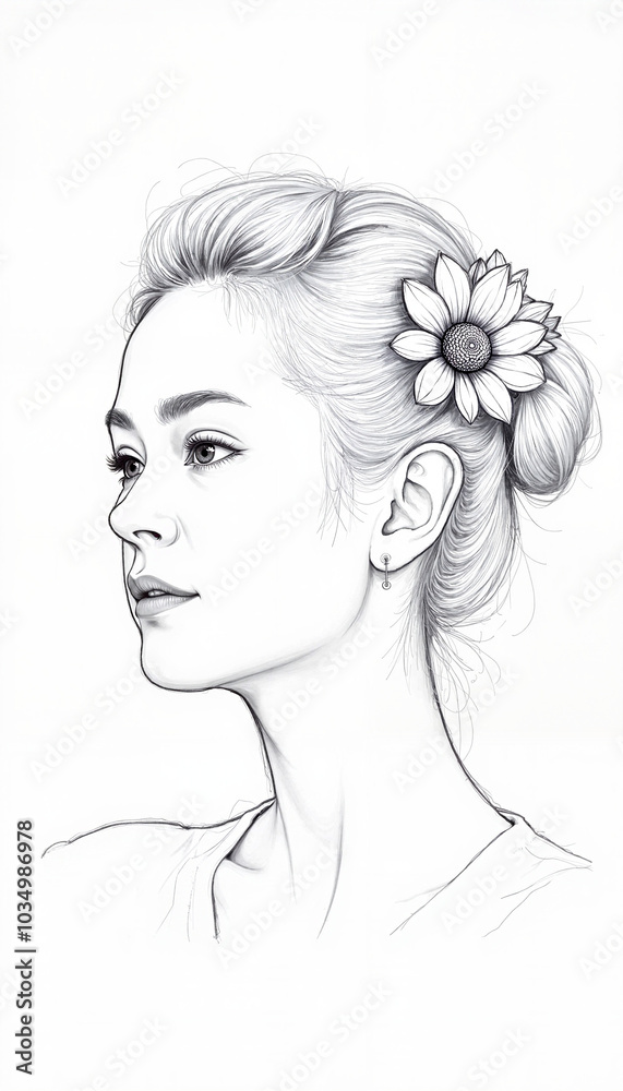 Elegant Portrait Sketch With Flower In Hair Against White Background Elegant Portrait Sketch With Flower In Hair Against White Background