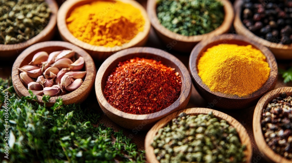 Variety of Spices in Wooden Bowls Variety of Spices in Wooden Bowls