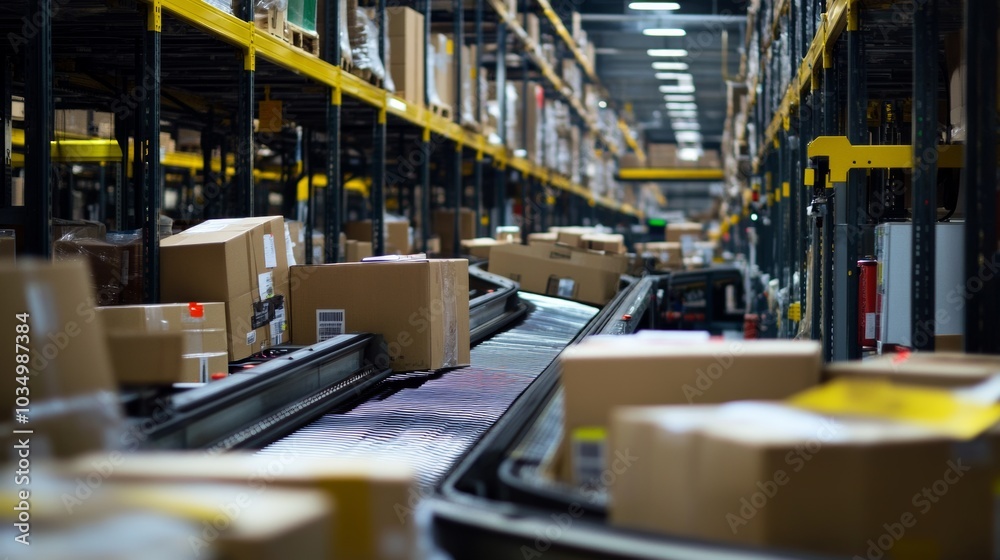 A bustling stockroom with conveyor belts and packages ready for dispatch, Stockroom scene, Organized and efficient style