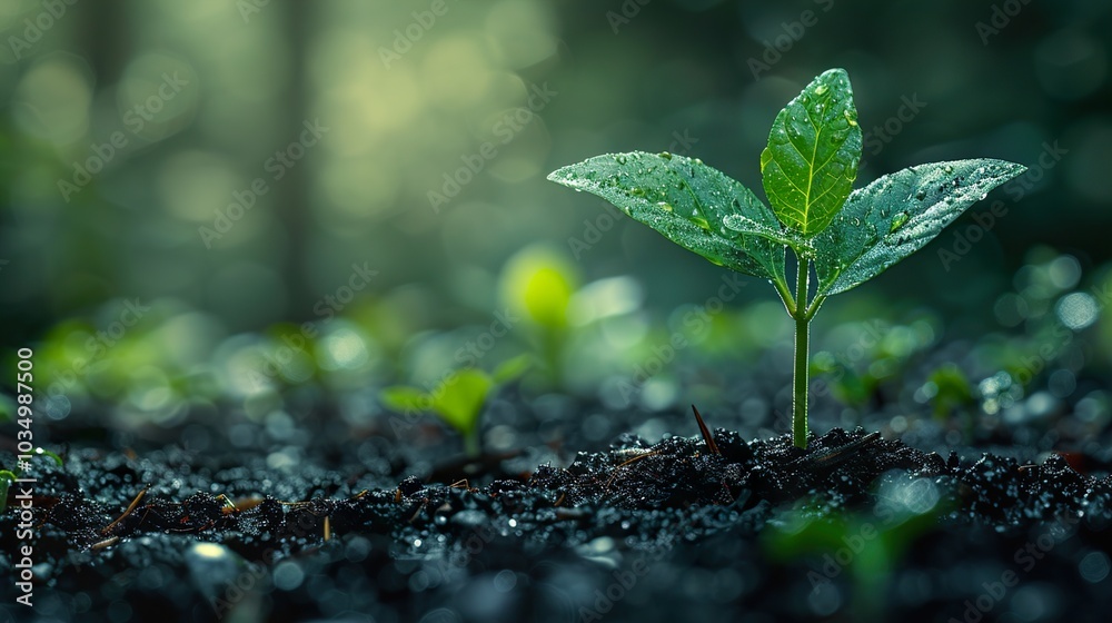 Green Sprout Emerging from the Soil with Dewdrops Green Sprout Emerging from the Soil with Dewdrops