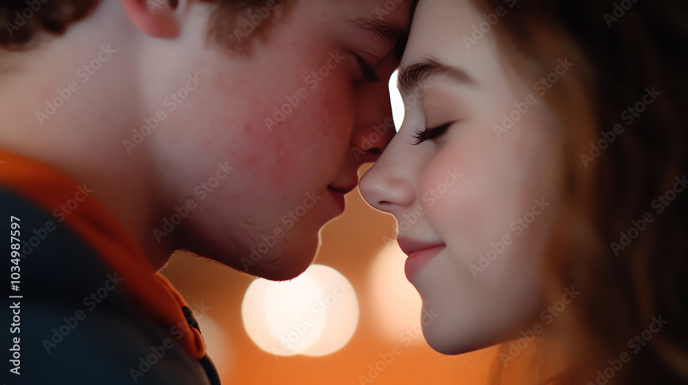 Close-up of young couple sharing an intimate moment with foreheads touching. Close-up of young couple sharing an intimate moment with foreheads touching.