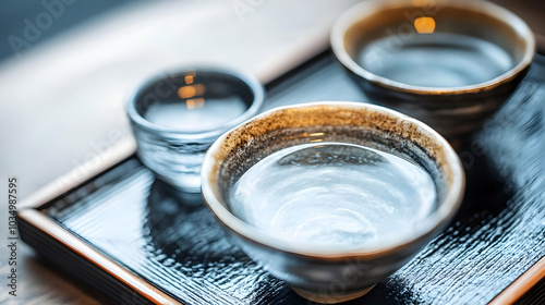 Close Up of Ceramic Bowls Filled with Clear Liquid on Black Wooden Tray