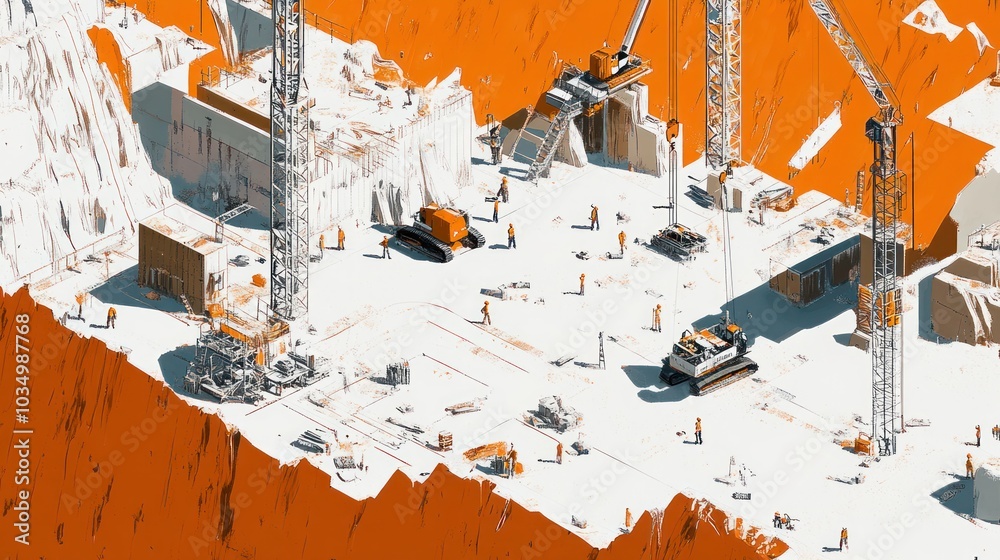 Fototapeta premium Construction Site with Cranes, Workers, and Machinery