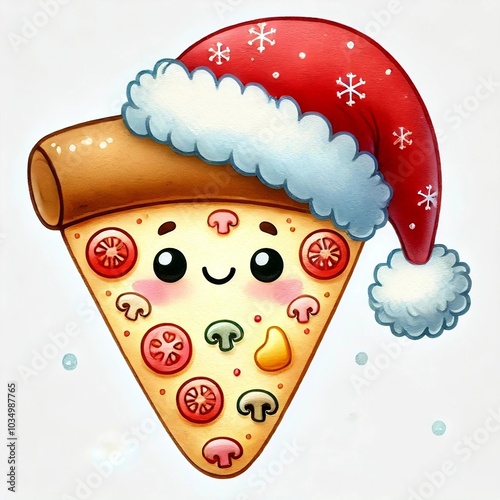 Kawaii Pizza Slice with Santa Hat and Holiday Toppings
