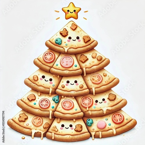 Kawaii Pizza Christmas Tree with Smiling Slices and Star
