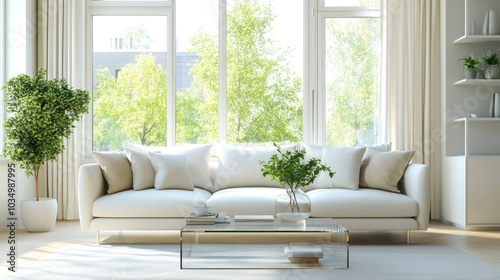 Modern Living Room with White Sofa and Large Windows