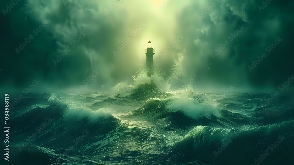 A lighthouse stands resilient amidst tumultuous waves and stormy skies, symbolizing hope. A lighthouse stands resilient amidst tumultuous waves and stormy skies, symbolizing hope.