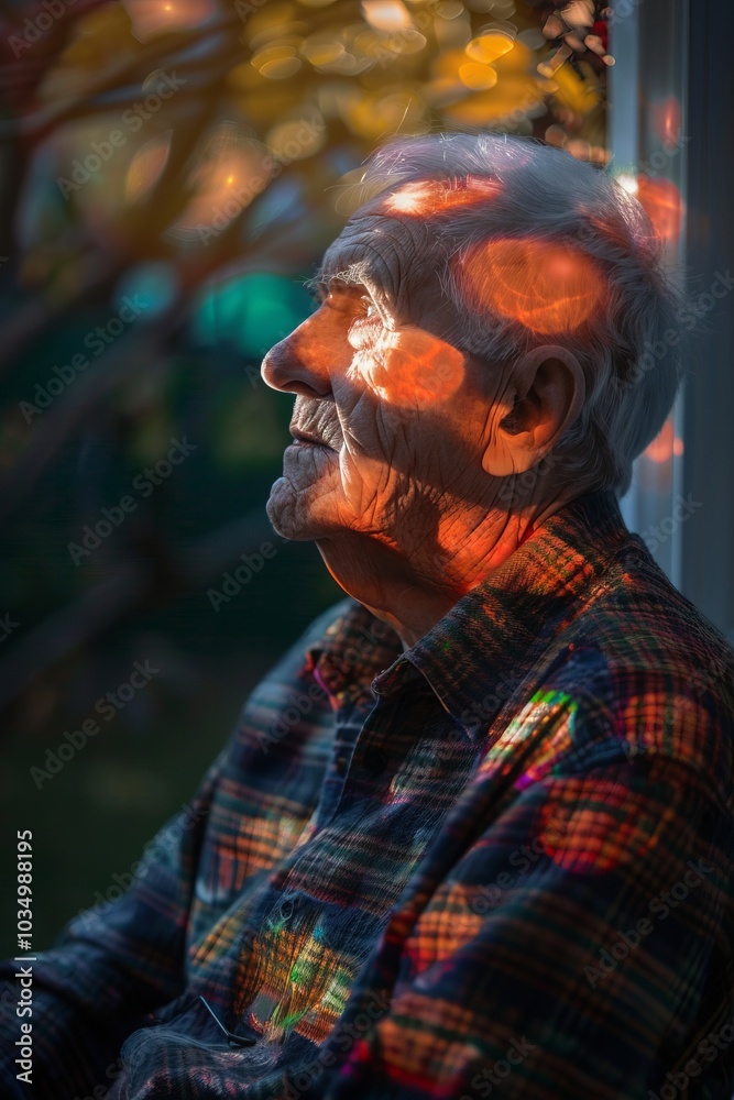 Elderly Man in Plaid Shirt with Sunlight Reflections on Face, Contemplative Expression, Outdoors in Natural Setting.. Elderly Man in Plaid Shirt with Sunlight Reflections on Face, Contemplative Expression, Outdoors in Natural Setting..
