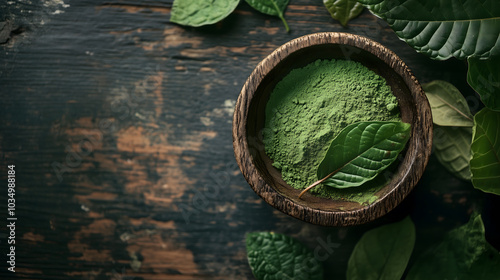 Top view of Mitragyna speciosa (kratom) leaves with powder in the wooden cup on wooden background photo