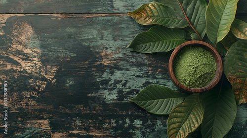 Top view of Mitragyna speciosa (kratom) leaves with powder in the wooden cup on wooden background photo