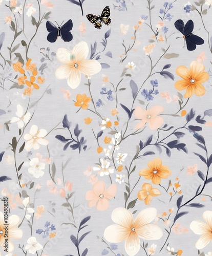 Beautiful floral pattern featuring colorful flowers and butterflies on a subtle gray background, perfect for decor and design.