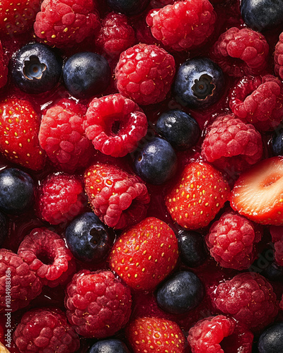 an extreme close-up, surface of triple berries, Raspberries, strawberries and blueberries, filling the entire frame with its intricate layers