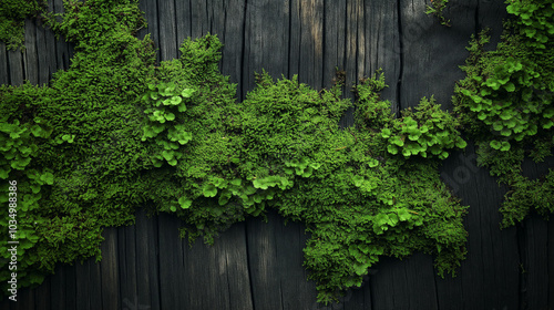 Nature-inspired wood plank surface with green moss patches, ideal for environmental themes and organic designs.