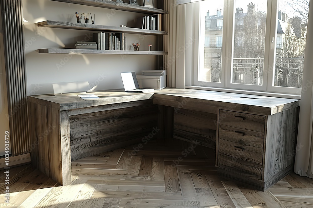 Corner office desk with natural wood finish and large window. Corner office desk with natural wood finish and large window.