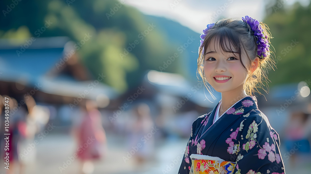 Smiling Young Woman Wearing Traditional Japanese Kimono with Flower Decorations in Her Hair Smiling Young Woman Wearing Traditional Japanese Kimono with Flower Decorations in Her Hair