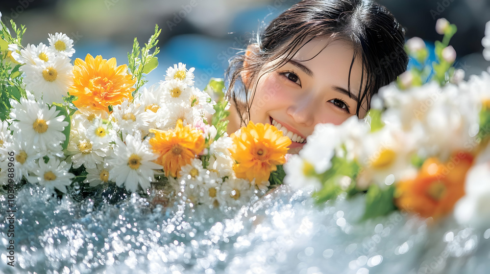 Woman Smiles with Flowers in Water, Sunshine and Summer Vibes Woman Smiles with Flowers in Water, Sunshine and Summer Vibes